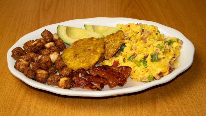Eggs, avocado, bacon and potatoes