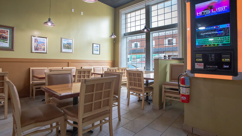 View of outside from dining room and jukebox